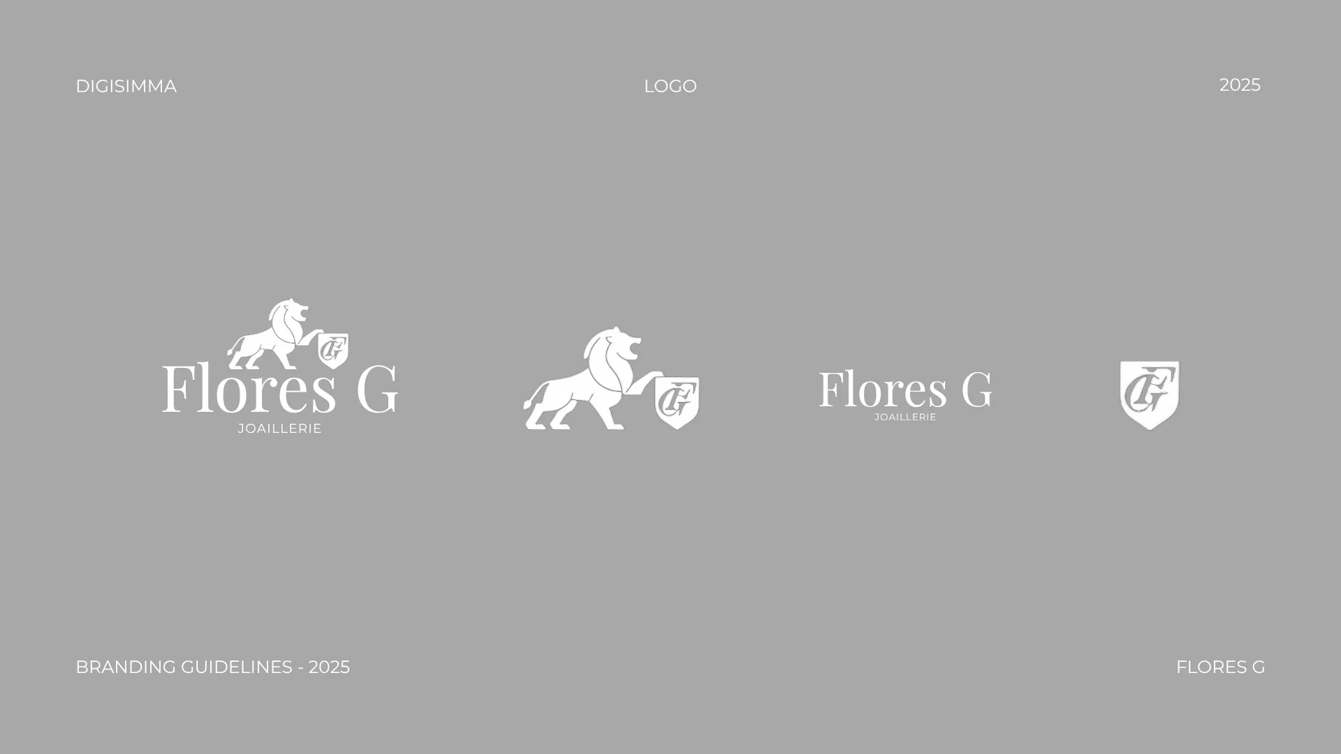 Declinaisons du logo Flores G. Joaillerie, identite reprise sur les campagnes, planche du livrable reel