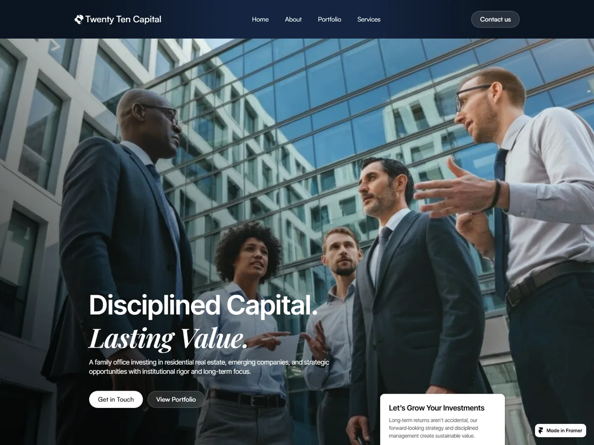 Page d'accueil du site Twenty Ten Capital, family office en investissement immobilier, avec navigation, titre editorial et boutons de contact
