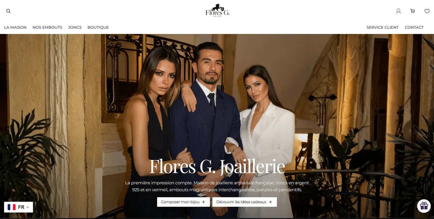 Flores G. Joaillerie, écosystème digital luxe : site Framer, Shopify, Meta Ads et branding