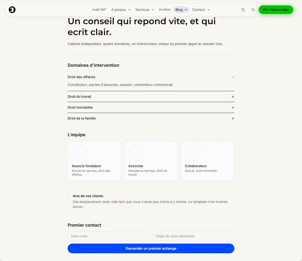 Aperçu du projet Cabinet d'avocats, expertises et prise de contact