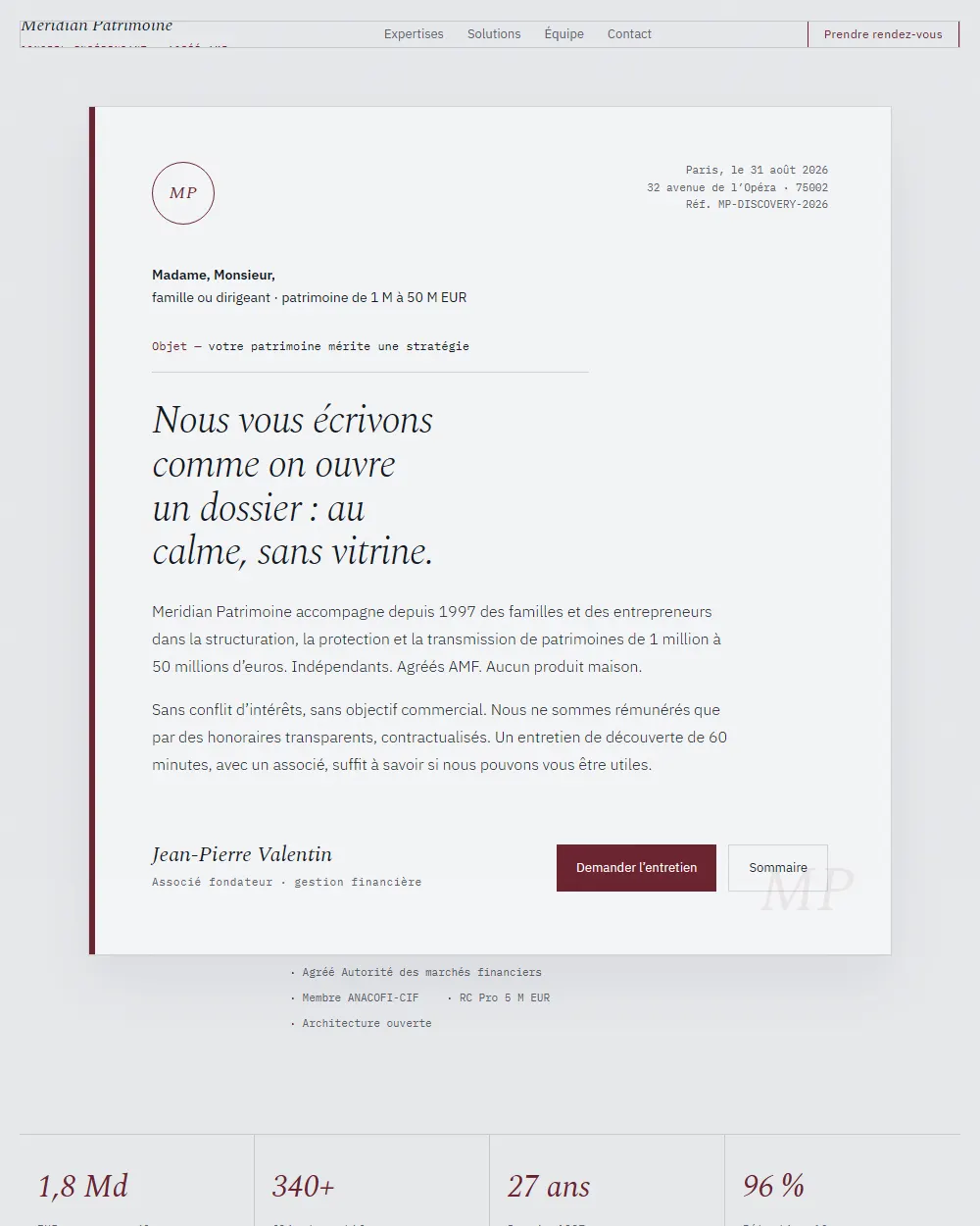 Capture complete du template Meridian Patrimoine
