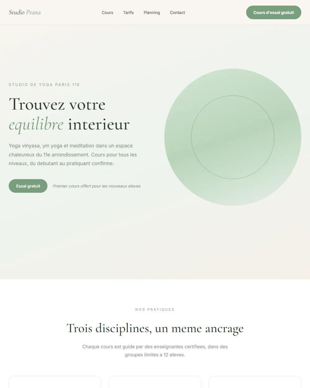 Capture complete du template Studio Yoga