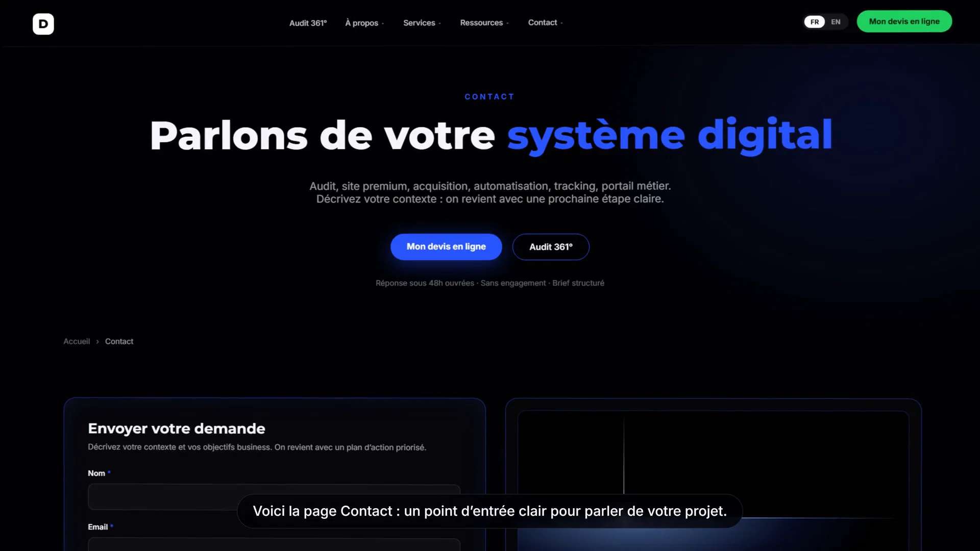 Animation de présentation de la page contact Digisimma
